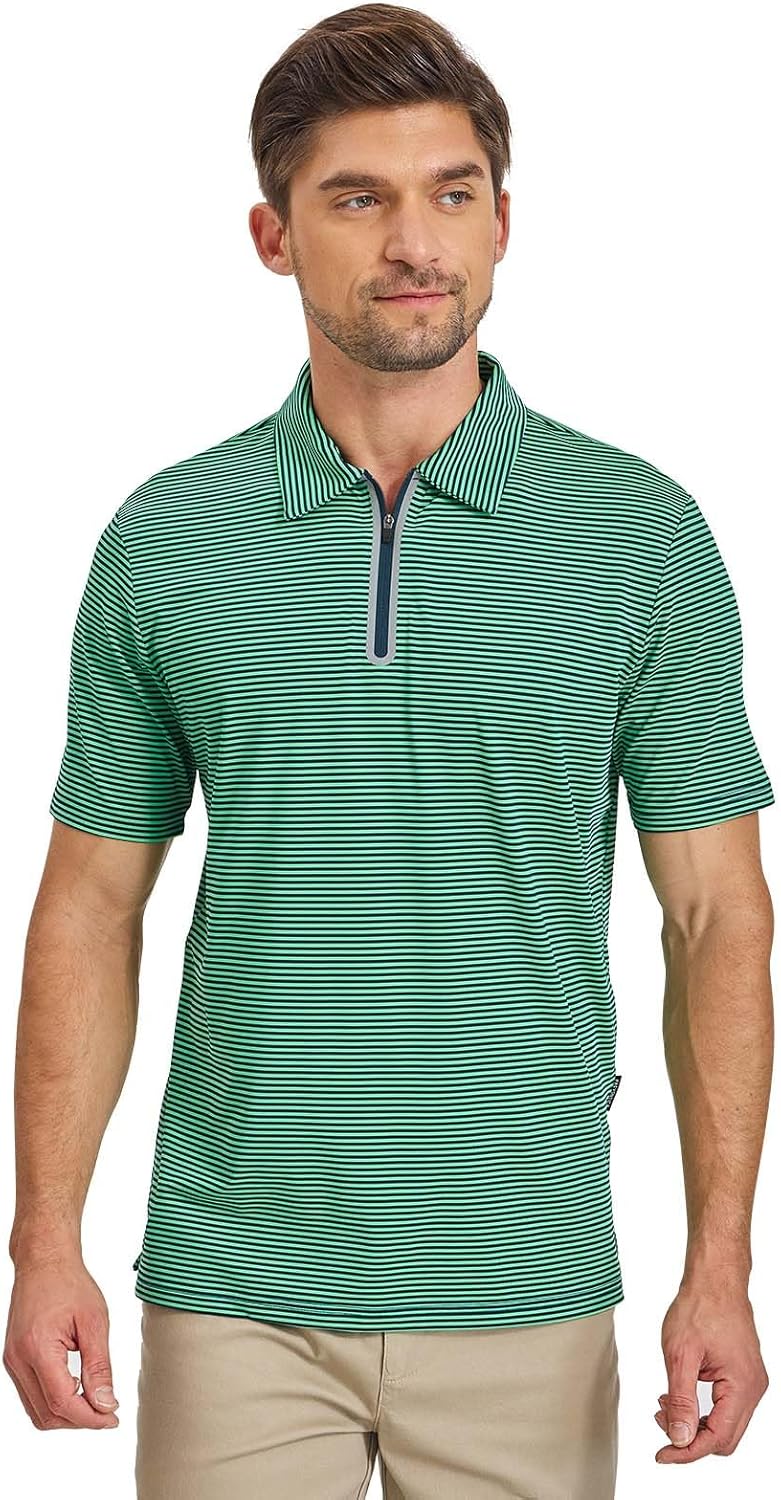 Men's Golf Quarter Zip Performance Short Sleeve Polo - Moisture Wicking Dry Fit Striped Golf Polo Shirts for Men