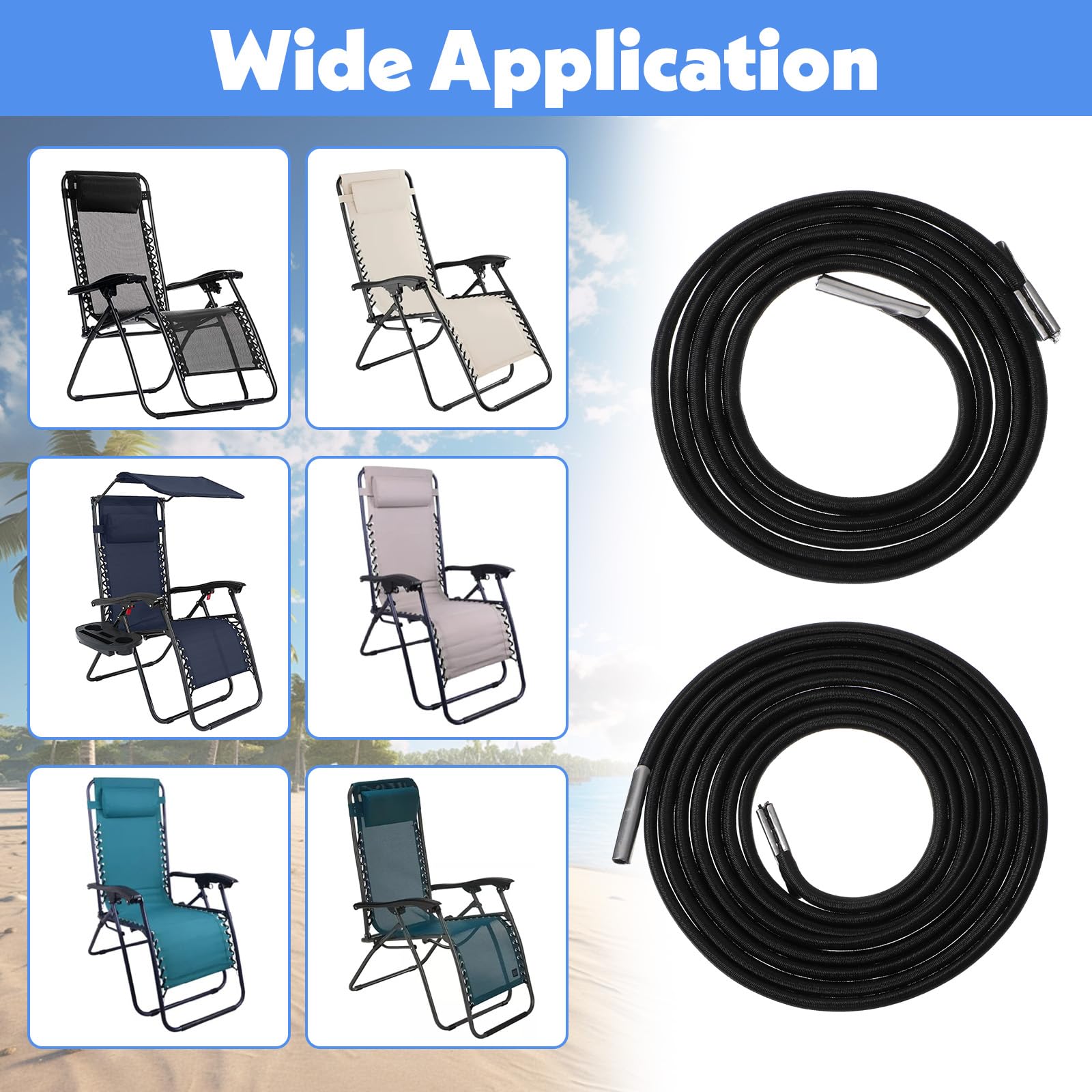 4 cavi di ricambio per sedia a gravità, corde elastiche universali di riparazione in nylon elasticizzato, per patio, sedie reclinabili, sedie da spiaggia, lounge, sedie da esterno