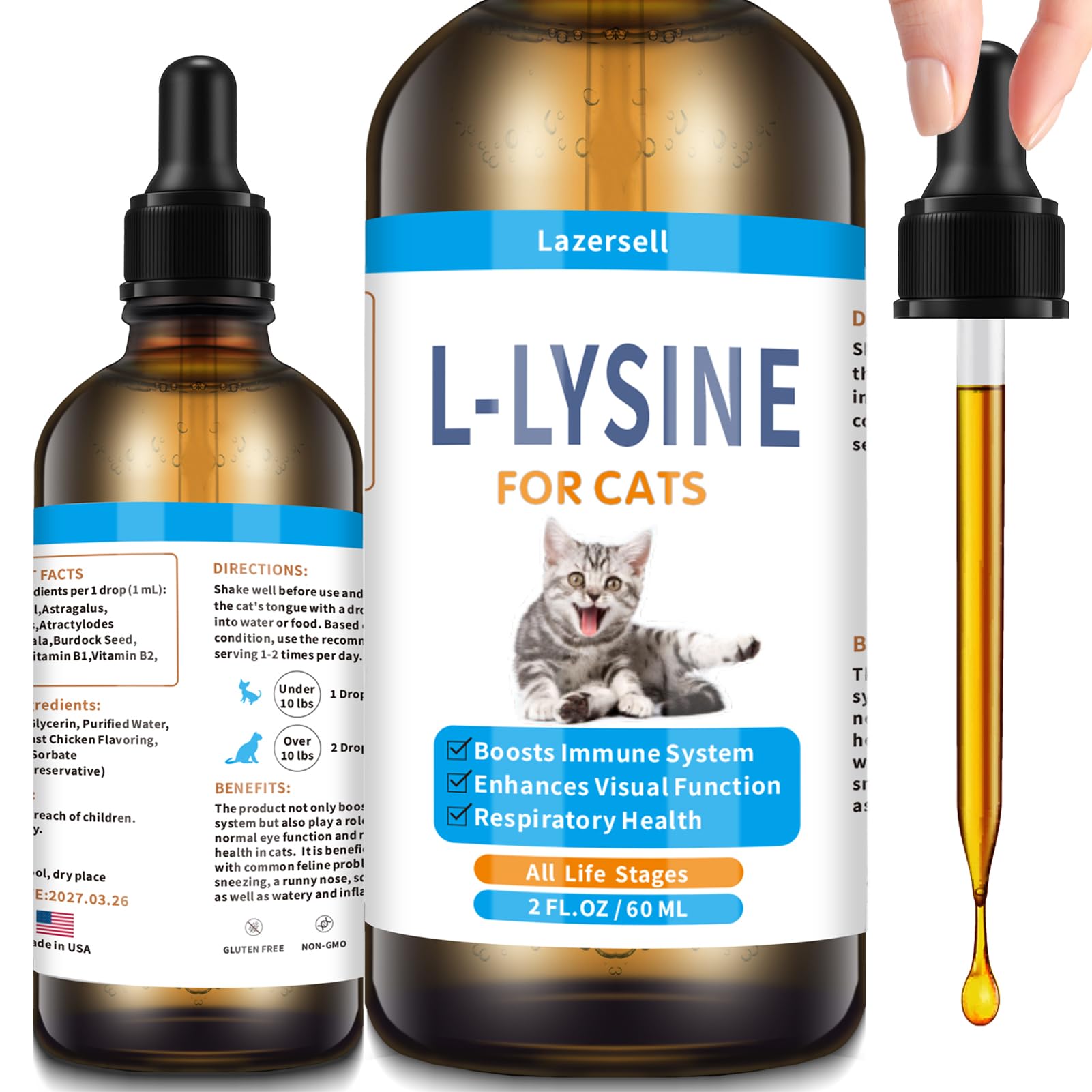 Lysine for Cats Immune Support, L-Lysine Supplement for Cat, Lysines for Feline Respiratory Health - Reduces Sneezing, Sneezing, Runny Nose, Eye Function, Natural Cat Drops for Kittens & Adult Cats