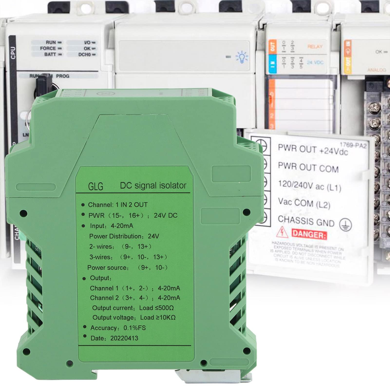 Aislador de Señal de Corriente 4-20mA a 0-5V DC 24V, Transmisor Aislador y Convertidor de Señal para PLC, Módulo GLG (Una entrada y dos salidas 4-20mA a 4-20mA)