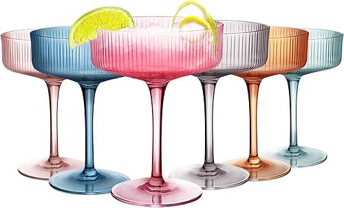 Vasos cupé acanalados de 10 onzas, vasos de cupé multicolor, 6 unidades, vasos de Martini vintage, ideales para cóctel, champán