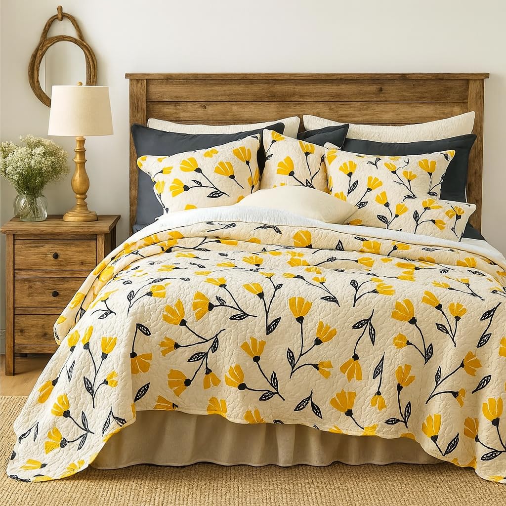 DaDa Bedding Botanical Floral Bedspread Quilt - Yellow Fleur Golden Yellow Spring Time Tulips Quilted Coverlet Set - Scalloped Edges Bright Vibrant