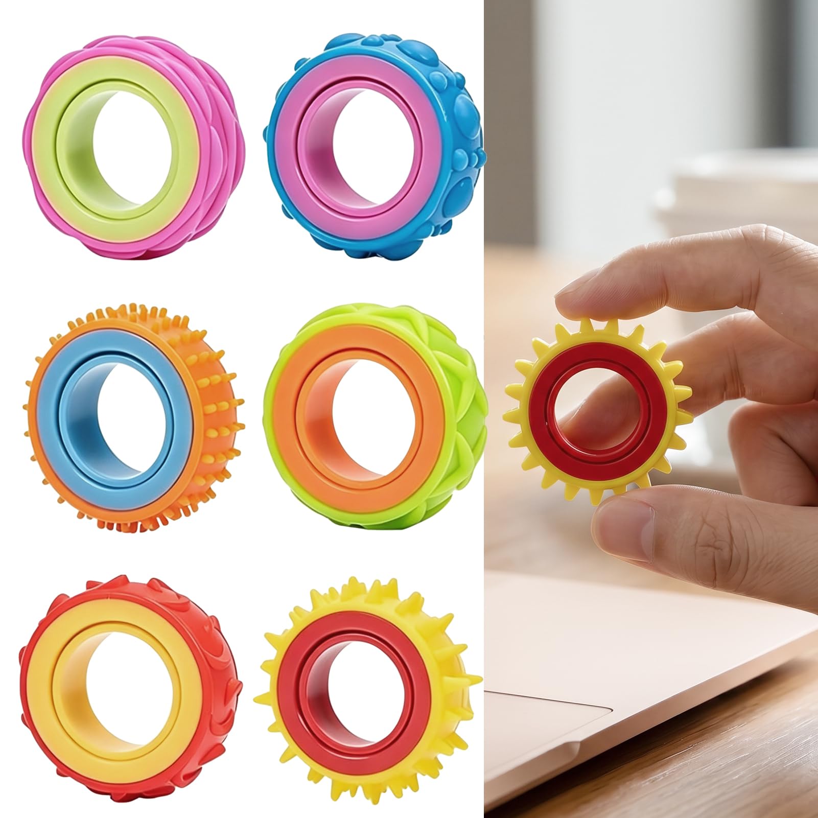 Fidget Sensory Rings Color, 6 Pcs Portable Fidget Toys Anxiety Relief Spinner Texture Stress Finger Sensory Toys for Kids and Adults with ADHD Autism Calming