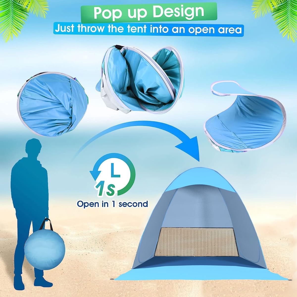 Tienda de campaña desplegable para 3 – 5 Personas, Tienda de campaña de Playa, tamaño Grande, Apertura rápida, protección Solar UV, 200 x 165 x 130 cm (Grande)