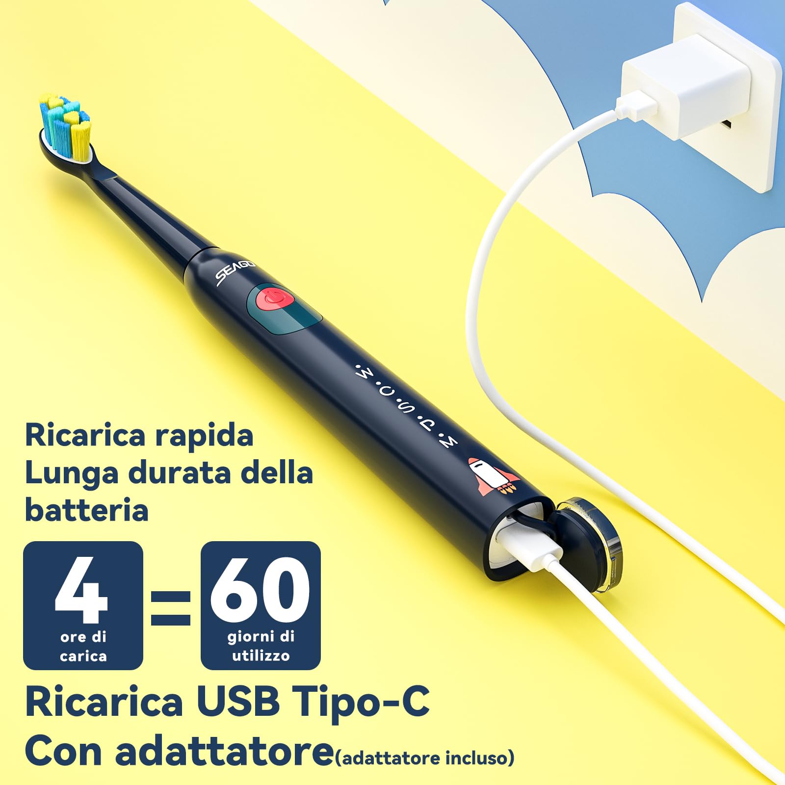 Seago Spazzolino Elettrico Bambini 6-12 Anni, Spazzolini Elettrici per Bambini Con Adesivi Fai Da Te Divertenti, Timer Da 2 Minuti, 4 Testine Spazzolino Bambini,Impermeabile IPX7 SG-2303, Blu