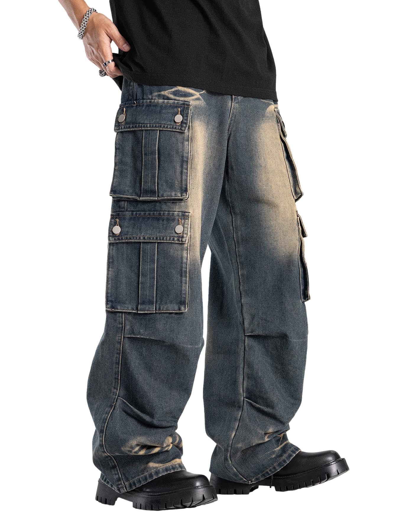 Idopy Washed Vintage Loose Fit Baggy Street Style Hip Hop Cargo Jeans Denim Pants