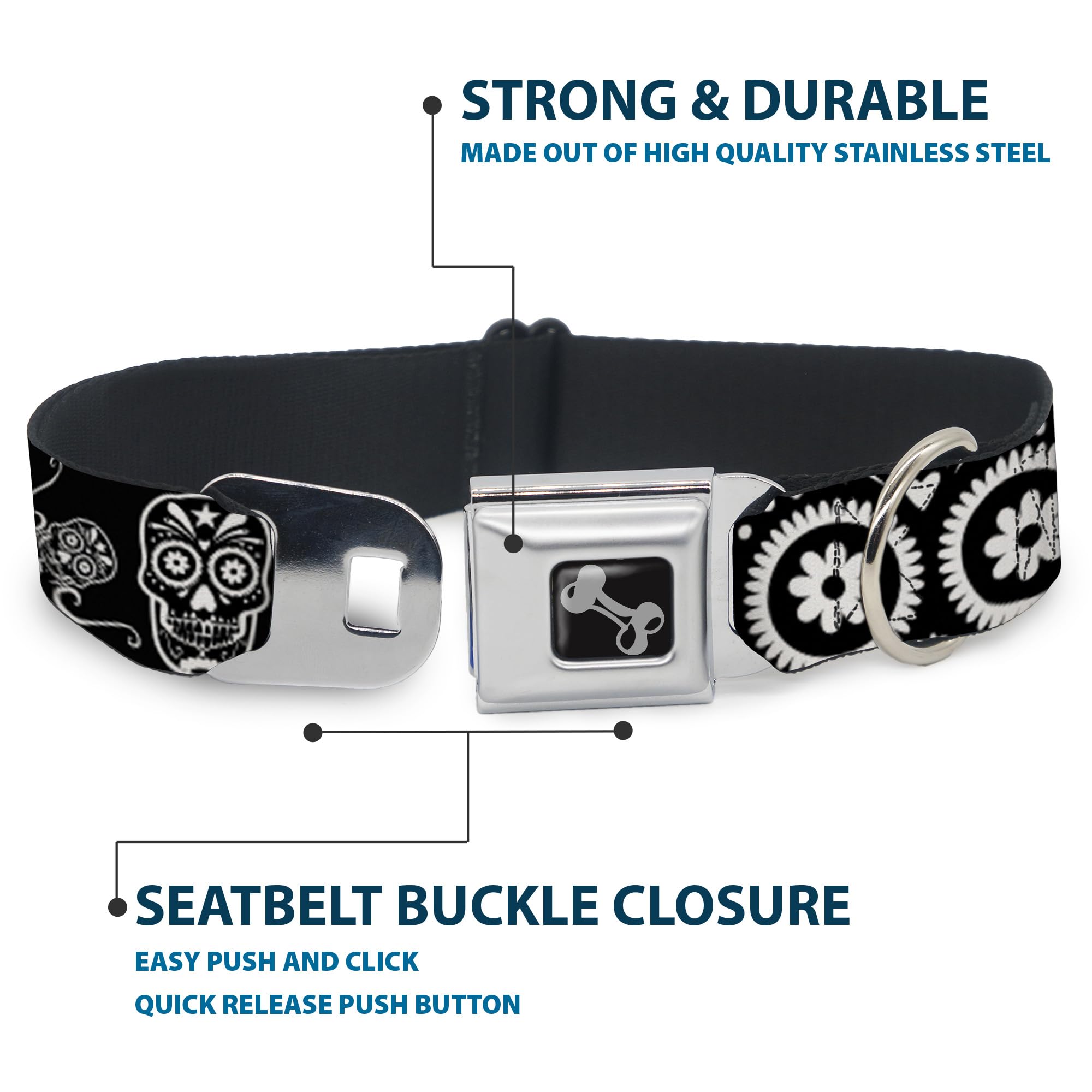 Buckle-Down Obroża dla psa z klamrą pasa bezpieczeństwa - cukrowe czaszki czarne/białe - szerokość 3,8 cm - pasuje na szyję 40-58 cm - rozmiar M