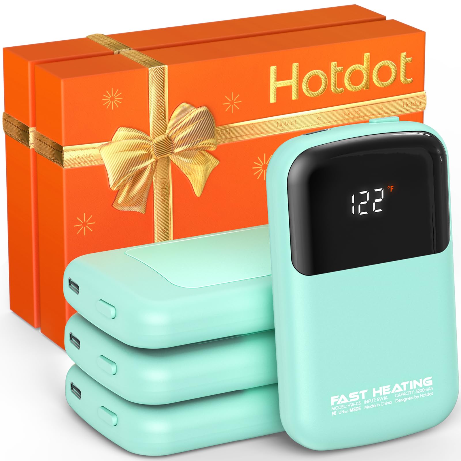 Hotdot AI Hand Warmers Rechargeable with Gift Box, 4 Pack Portable Electric Hand Warmer with LED Display Battery and Temperature, Fast Heating, for Men, Women, Hunting Camping Cyan