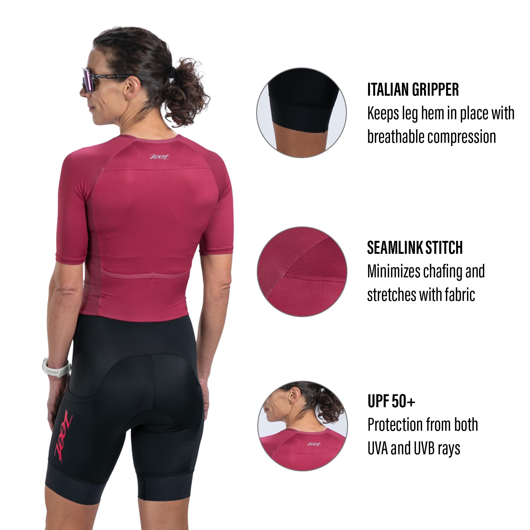 Zoot Damen Core Tri Aero FZ Racesuit kurzärmelig Triathlon-Anzug Plüsch-Chamois Race Day Storage