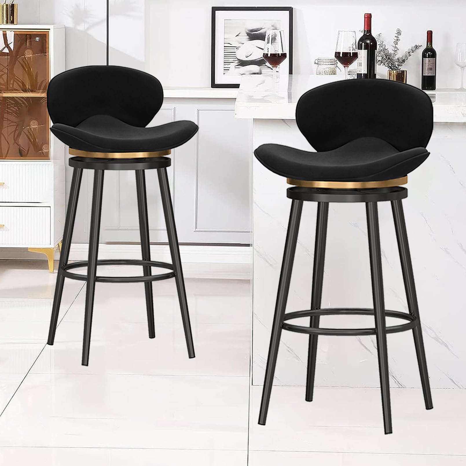 Juego de 3 taburetes de Bar giratorios Modernos de Terciopelo con reposapiés y Respaldo, taburetes de Cocina, sillas Altas de Comedor con Tirador de aro, Altura del Asiento 75 cm, Color Negro