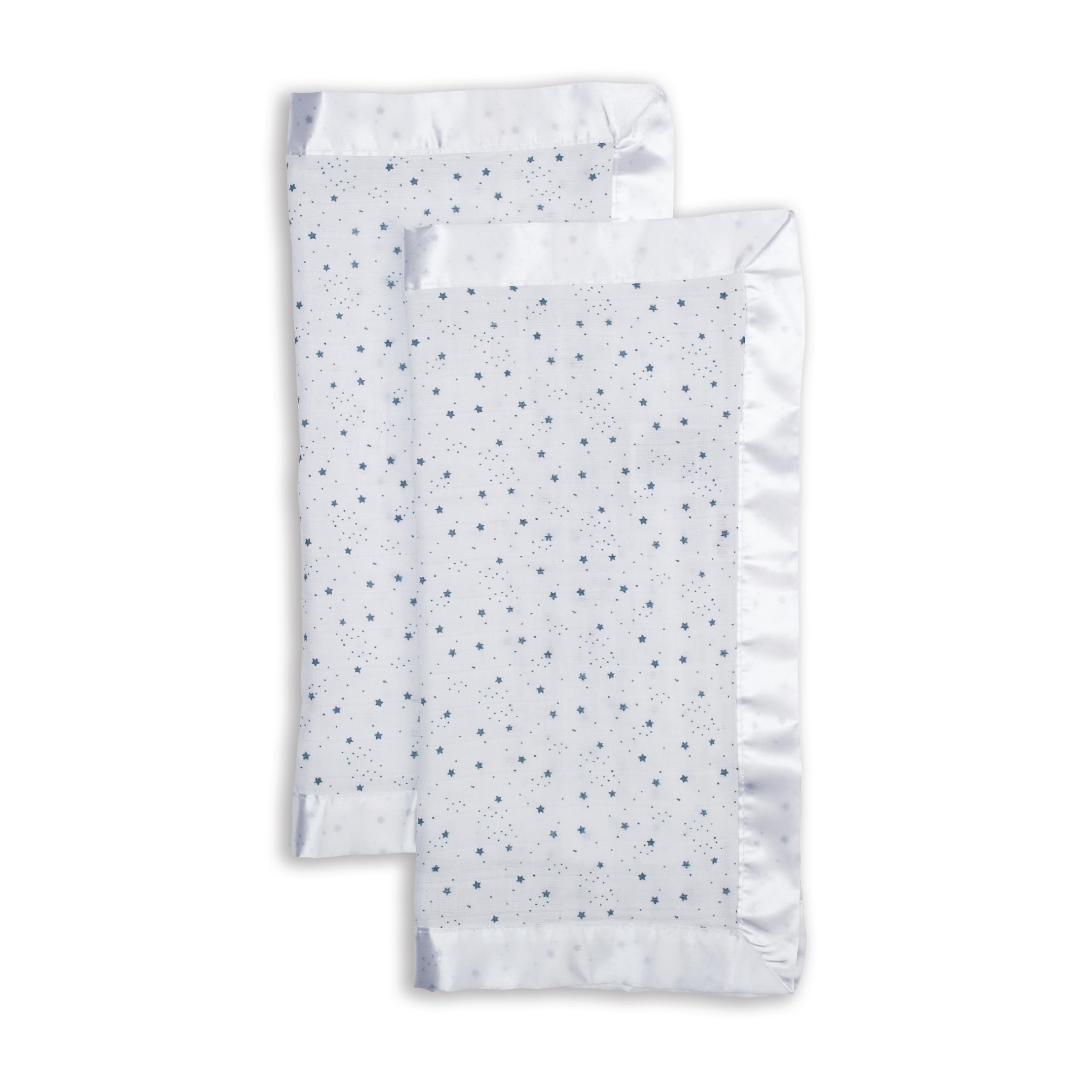 Lulujo Security Lovey Blankets| Unisex Softest Breathable Cotton Muslin Security Blanket Set with Silky Satin Trim| Neutral Comforting Blanket for Girls & Boys | 16in x 16 in| Stars