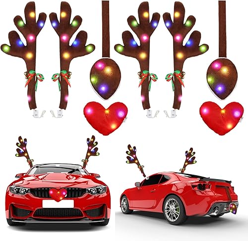 Datanly Juego de 2 cuernos de reno de Navidad con luces LED, cuernos de reno para autos, decoración de automóvil de reno de Navidad con cuernos,