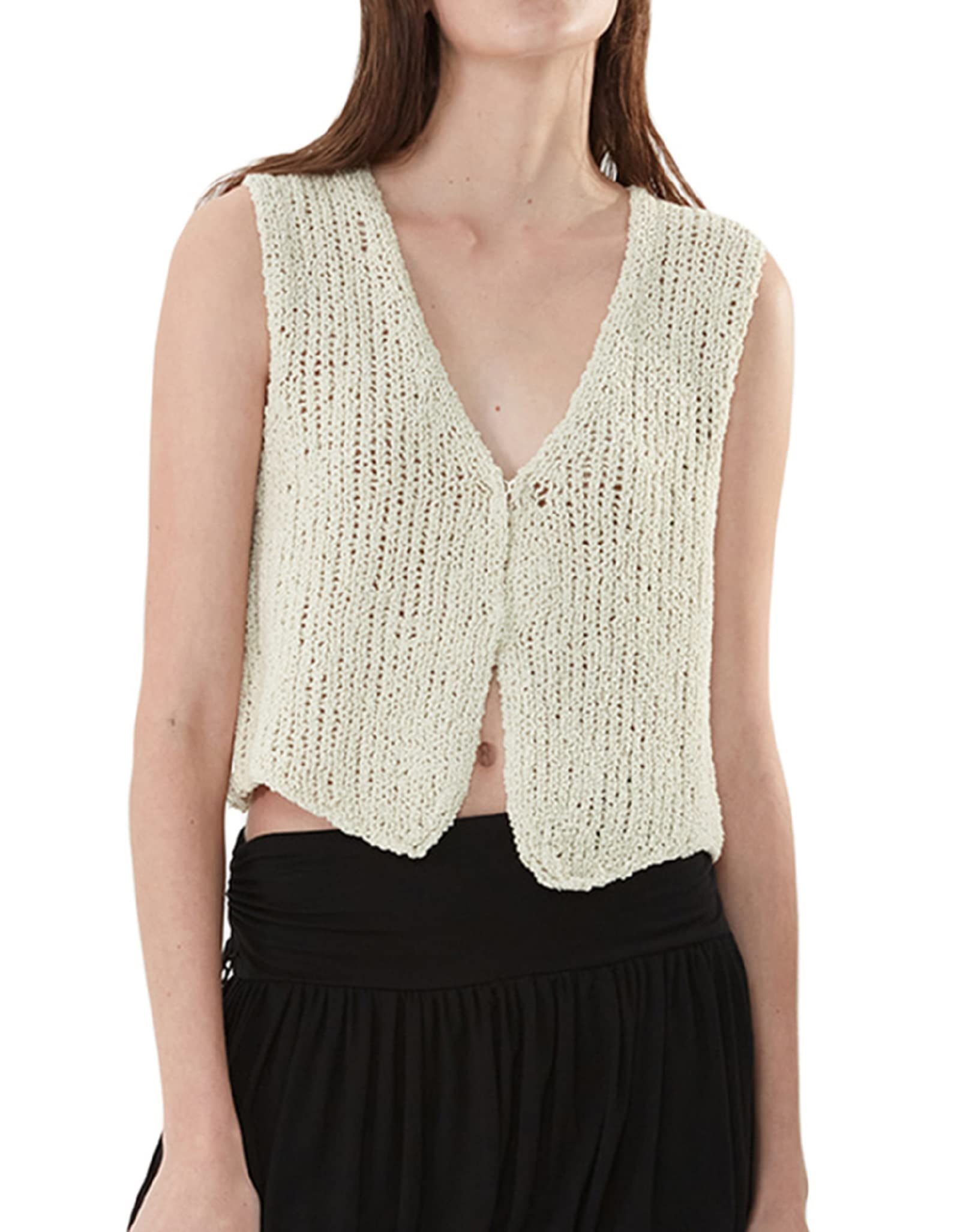 RouyamiaoWomens Open Front Knit Sheer Cardigans Summer Boho V Neck Sleeveless Button Kimono Crop Top Sweater