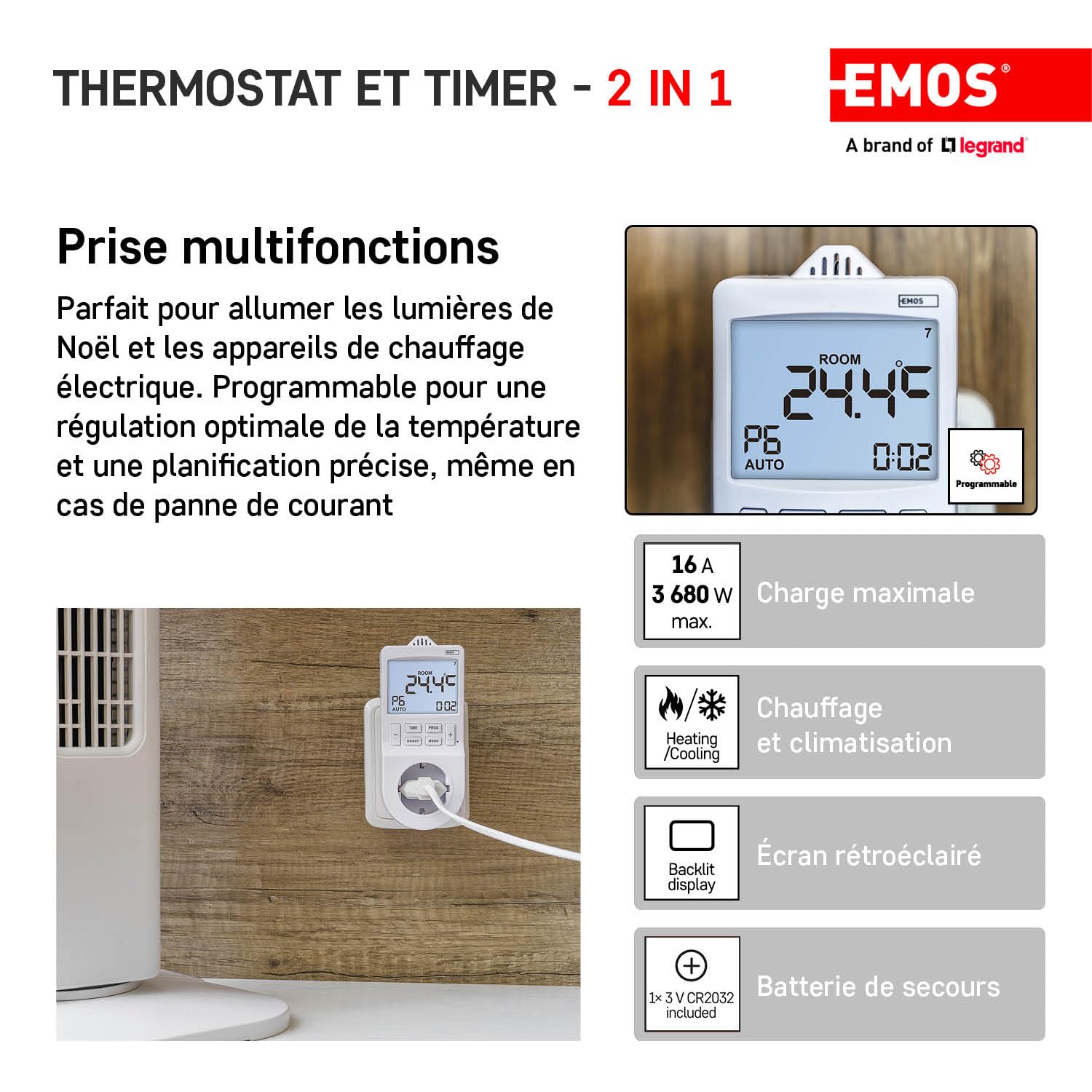 EMOS 2en1 Thermostat de prise et minuterie, régulateur de température ambiante numérique et prise de courant minuterie pour chauffage et refroidissement, radiateur, chauffage infrarouge, aquarium