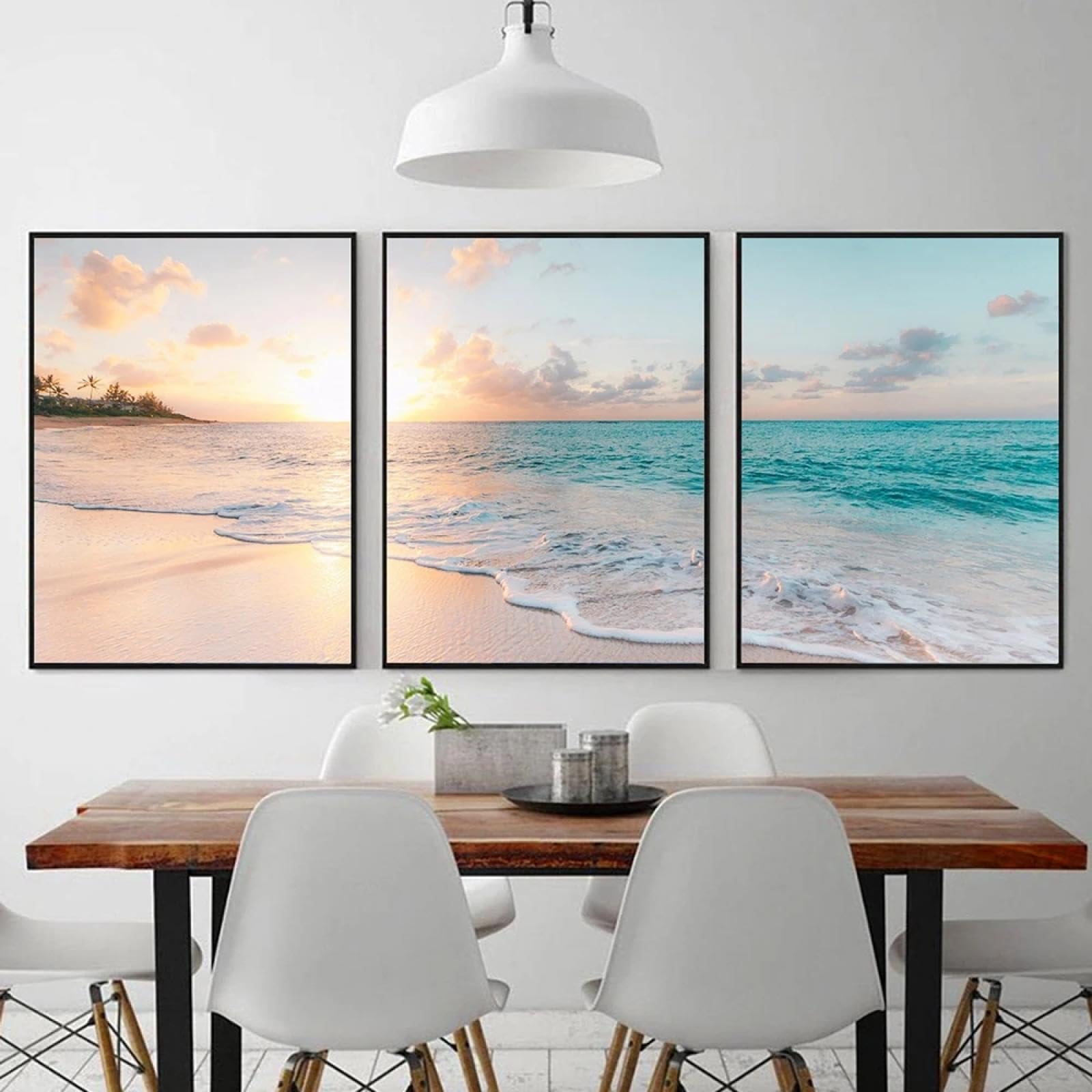 CHAOJIART Hellblaue Wellen, Sonnenuntergang am Meer, Landschaftsgemälde, HD-Druck, Bild, Wandkunst, Leinwandgemälde für Wohnzimmer, Heimdekoration, 50 x 70 cm x 3 Innenrahmen