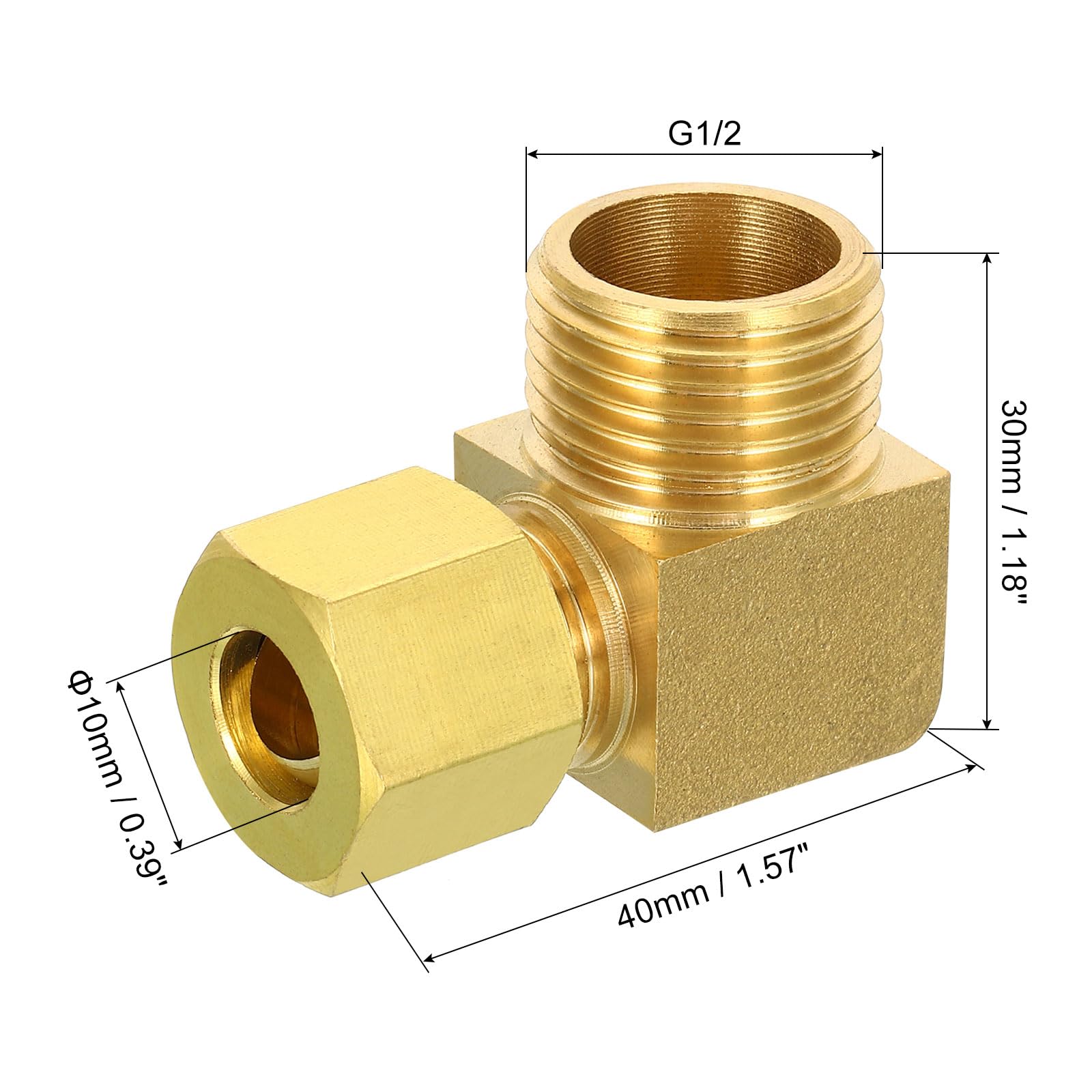 Accesorio de compresión de Tubo de latón de 10 mm de diámetro Exterior, Macho G1/2, Paquete de 2, Accesorio de Tubo de Codo de 90 Grados para plomería, Conector de Manguera