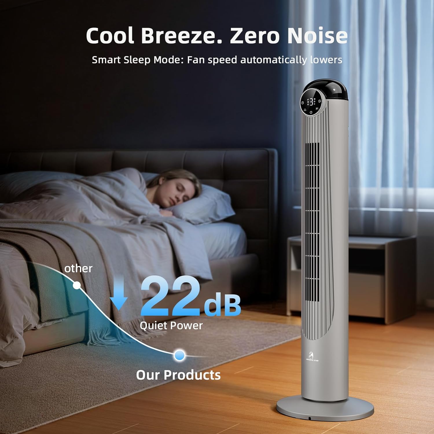Antarctic Star T42 Tower Fan-42 Inch, Bladeless Oscillating Fan with Remote, 6 Speeds & 4 Modes, LED Display, 9H Timer, Quiet Floor Standing Fan for Bedroom Living Room Office, Grey