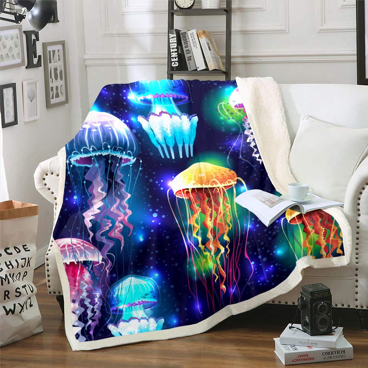 Loussiesd Colour 16 Jellyfish Sherpa Fleece Throw Blanket For Sofa Bed Couch - Ocean Creature Themed, 60"X79" Reversible