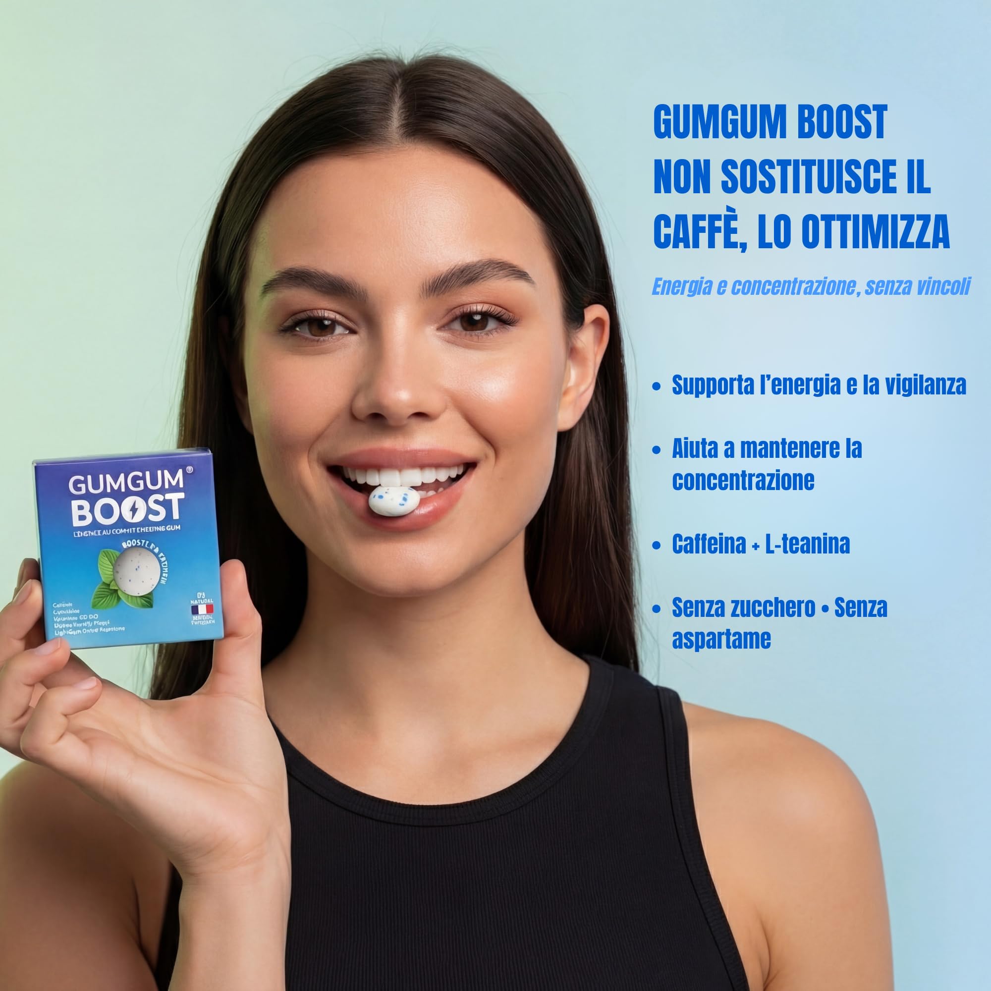 Gumgum Boost - Masticare Gum Energizzante Senza Zucchero con Vitamine B6 & B12 – Caffeina Naturale & L-Teanina – Energia, Concentrazione & Vigilanza – Gusto Menta Fresca – Integratore Vegano – 54