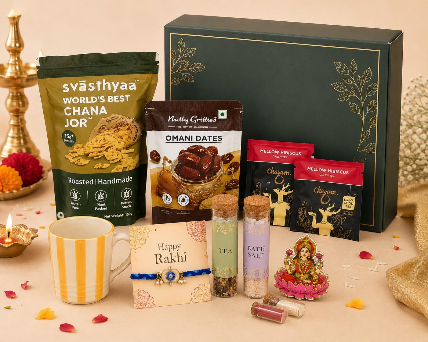 Raksha Bandhan Celebration Box | 12-Items | Rakhi Gift Hamper for Brother | Rakhi Gift Box for Bhai, Bhaiya | Premium Gift Combo Set with Rakhi,Mug, Snacks, Tea, Dates, Bath Salt, Roli Chawal & Fridge Magnet by CHAYAM-image-33