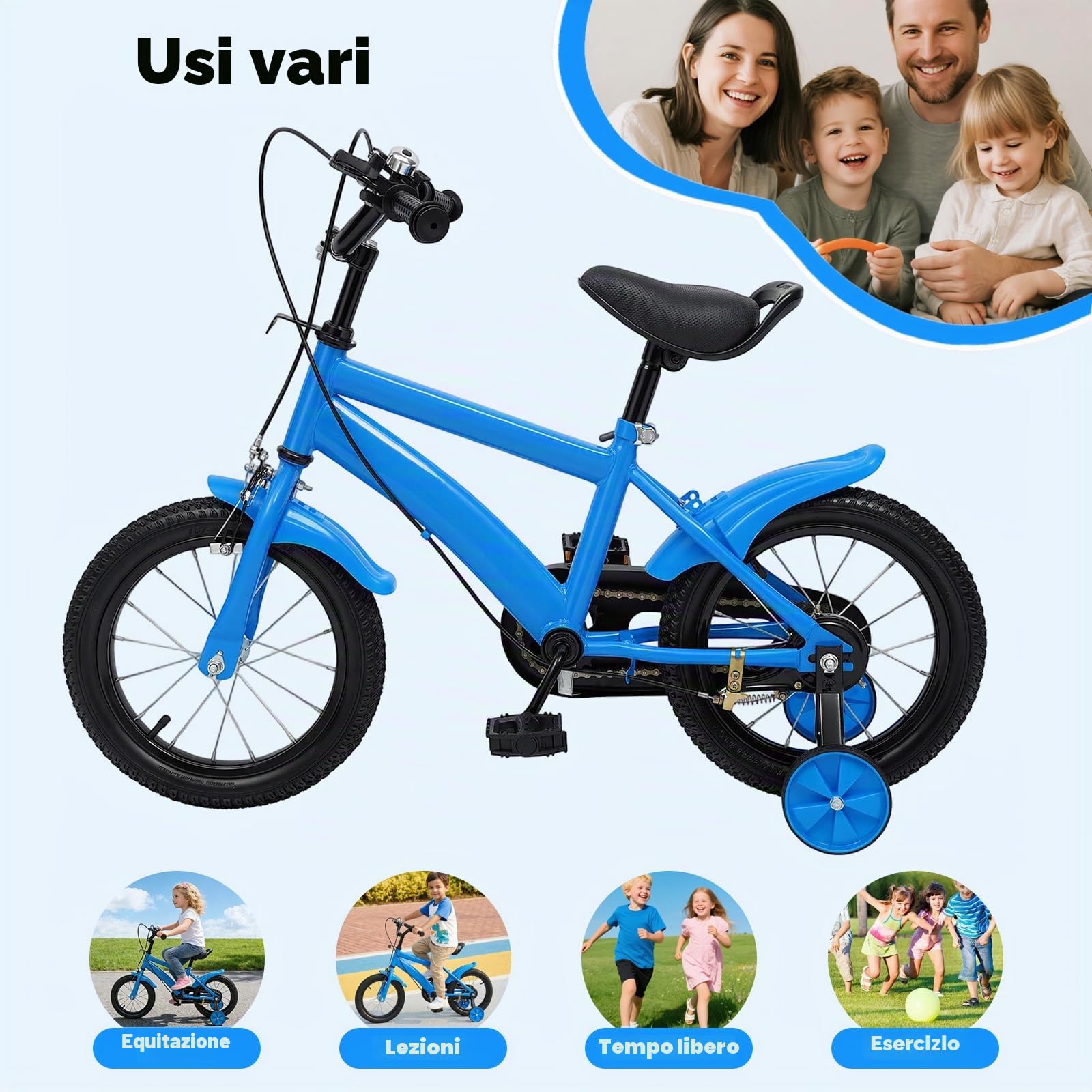 Bicicletta per bambini da 14 pollici, per ragazzi e ragazze, con ruote di supporto e sistema a doppio freno, manubrio e sella regolabili in altezza, bicicletta per bambini a partire dai 3
