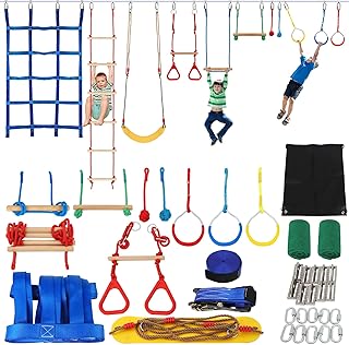 Ninja Warrior Kids Obstacle Course, 65 FT Durable Slackline with 7 Obstacles-Swings, Monkey Bars, Arm Trainers and More, Weatherproof Outdoor Obstacle Course for Backyard, Gym, Field，3+ Years Old