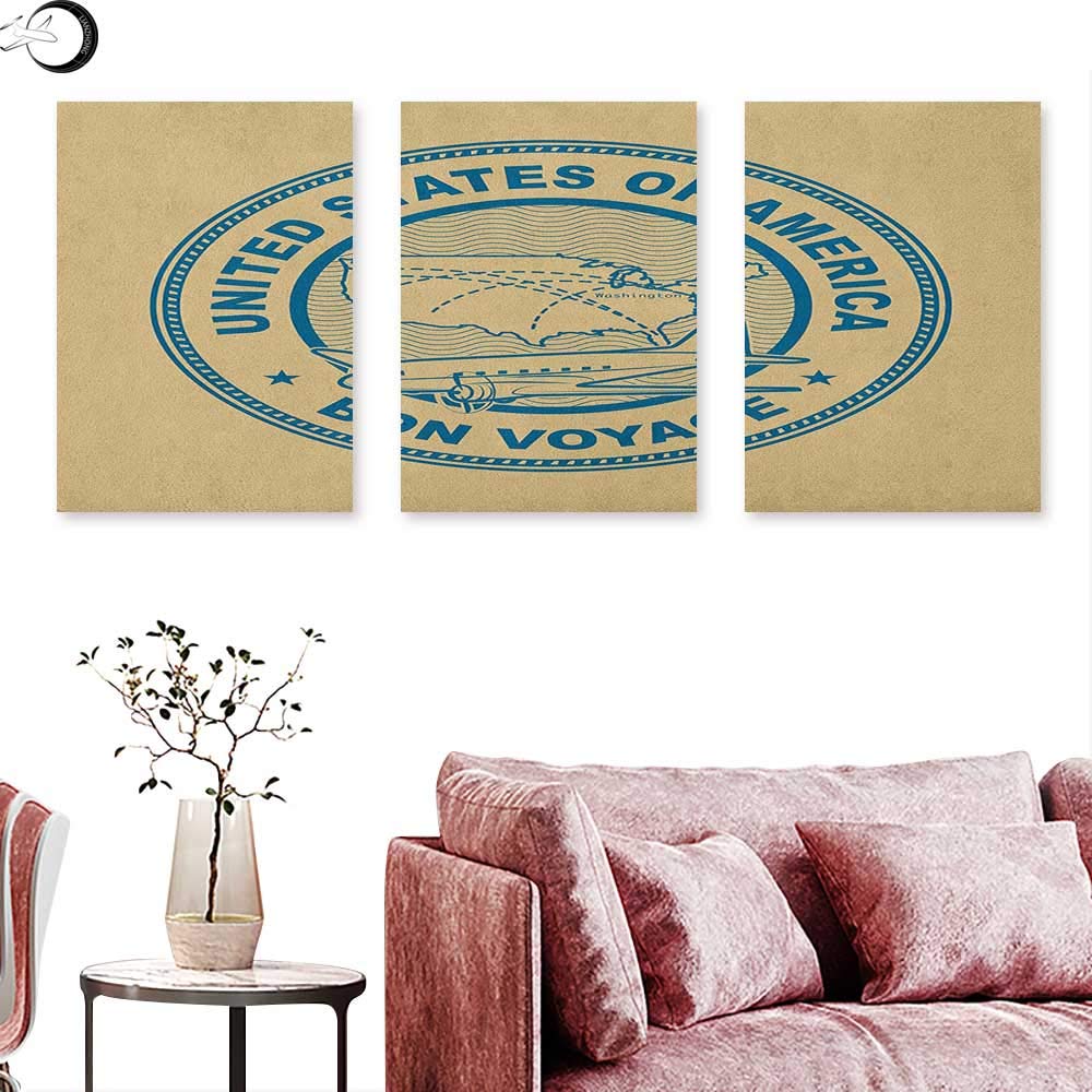 J Chief Sky Travel Digitally Printed United States of America Map with a Plane Silhouette Holiday Themed Stamp Design Triptych Art Tan and Blue W 20" x L 40" x3pcs