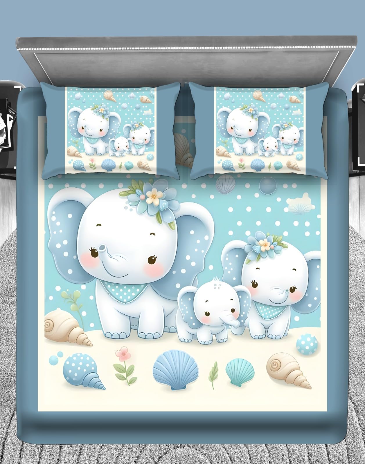 Elephants Print Cartoon Bedsheet for Kids Double Bed Boys/Girls - Sheet Size 90x100 Inch with 2 Pillow Covers-image-31