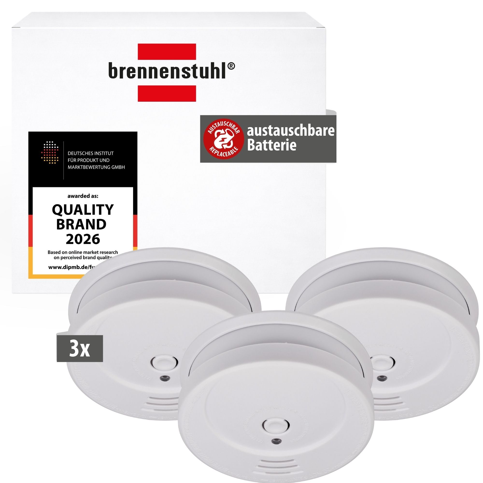 Brennenstuhl Rauchmelder Set, 3X RM C 9010 mit austauschbarer Batterie (geprüft nach EN 14604, durchdringendes Alarmsignal) weiß