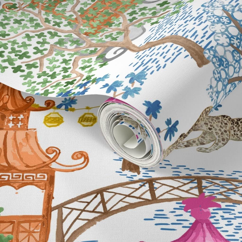 Spoonflower Peel & Stick Wallpaper 6ft x 2ft - Party Leopards Pagoda Forest Pink Rust Trees Landscape Chinoiserie Custom Removable Wallpaper