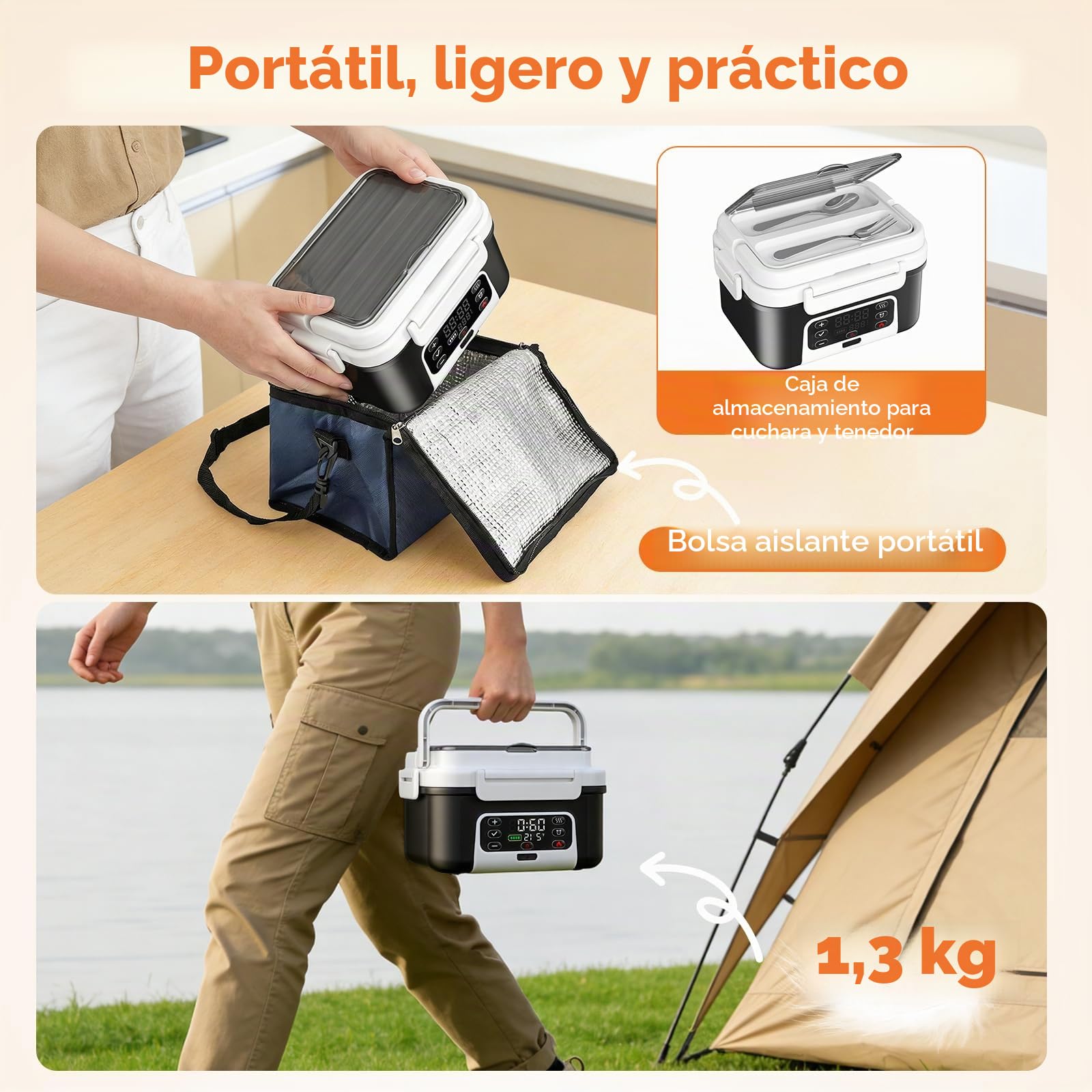 Fiambrera Eléctrica con Batería, 1,5L Taper Eléctrico para Comida Portátil, Tupper Calentador para Comida con 6 Modos de Calentamiento & Temporizador 24H, caja de almuerzo con calefacción programable