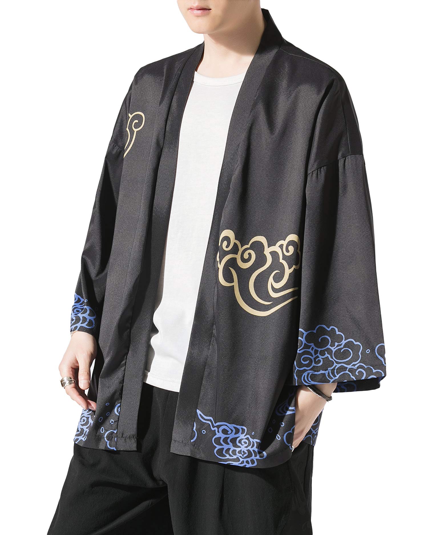 PRIJOUHE Men's Japanese Kimono Robe Jacket 3/4 Sleeve Open Front Yukata