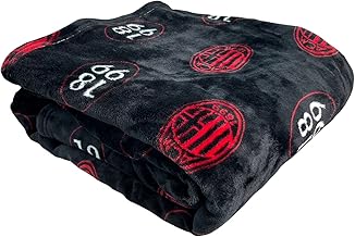 AC Milan - Soft Printed Logo Blanket, Coral Plaid 150 x 210 cm, Official Product, Black and Red