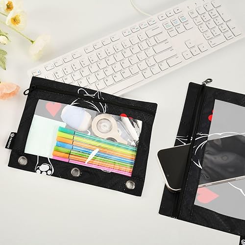 Miniatura 4 de Estuche para lápices de bulldog francés negro para carpeta de 3 anillos con cremallera, bolsa transparente para oficina diaria, paquete de 2