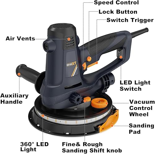 Miniatura 6 de MAXXT Lijadora de mano para paneles de yeso de 810 W, lijadora eléctrica para paredes, lijado en bruto y fino, velocidad variable de 1500-2800 RPM,