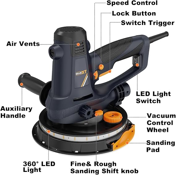 MAXXT Handheld Drywall Sander 810W, Electric Sander for Walls,Rough and fine Sanding, 1500-2800RPM Variable Speed, Upgraded Pad, Adjustable Suction, Self-Dust-Extraction (120, Volts)