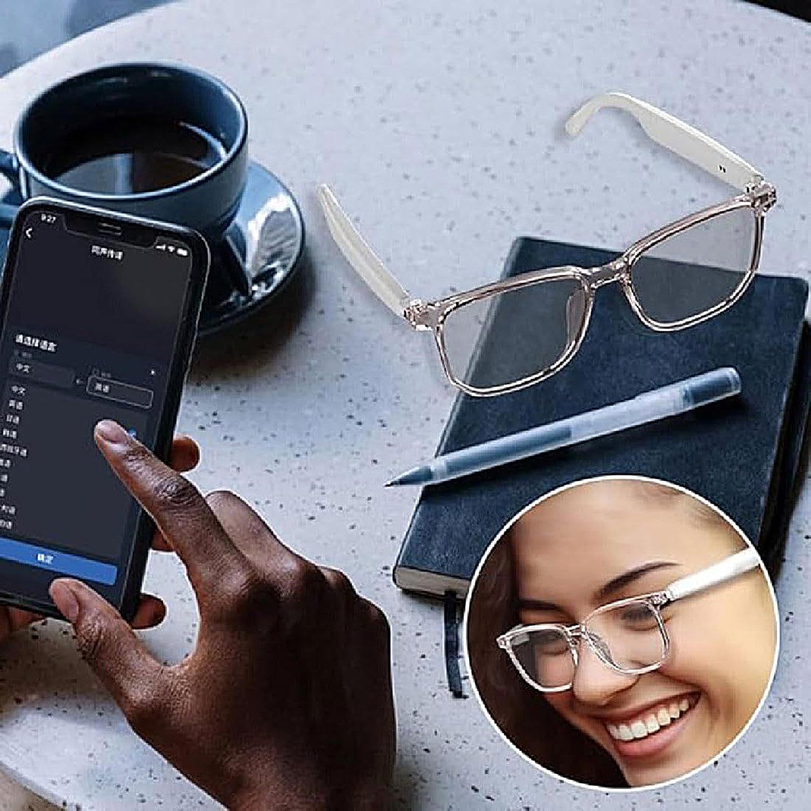 Occhiali intelligenti con audio e traduzione AI - 55mA * 2 traduttori | 5.83x5,91 pollici Supporto accessori elettronici multifunzione 144 lingue per riunioni, guida
