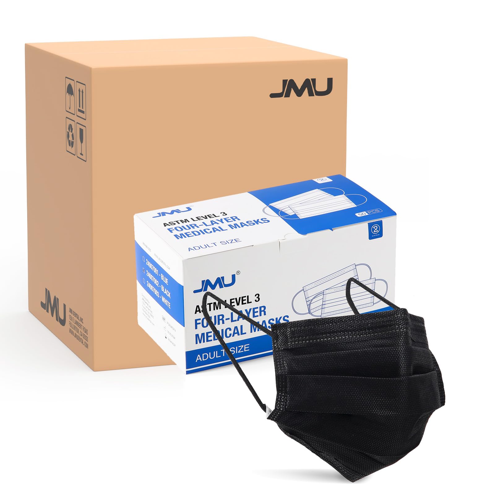 JMU Black 500 Pcs Bulk Medical Face Masks - ASTM Level 3 4-Ply Disposable Masks for Adults, Healthcare Grade 10 Boxes