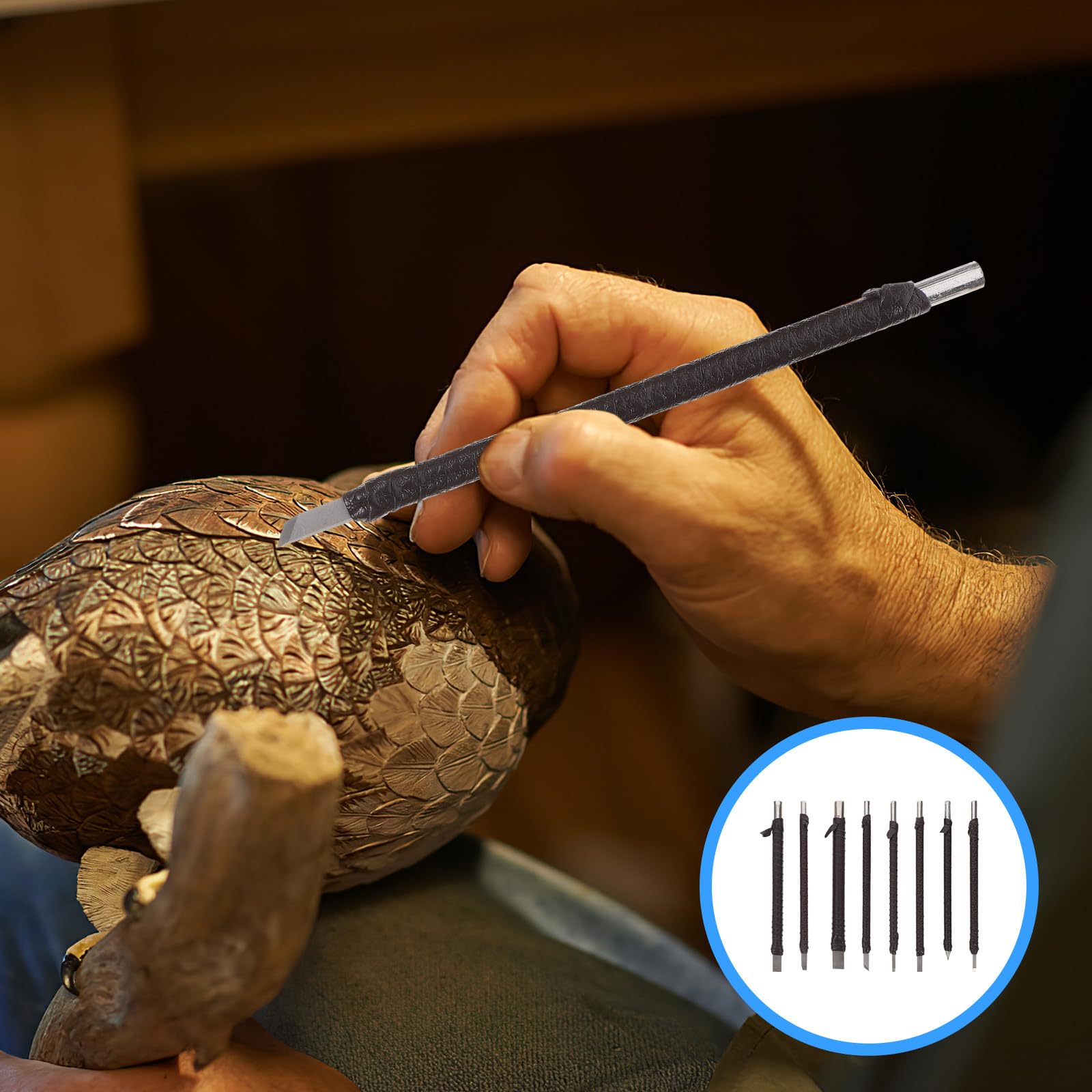 Set da 8 Utensili per Intaglio del Legno in Tungsteno, Coltelli e Scalpelli con Custodia Portatile, Kit per Artigiani e Principianti per Lavorazione e Incisione del Legno