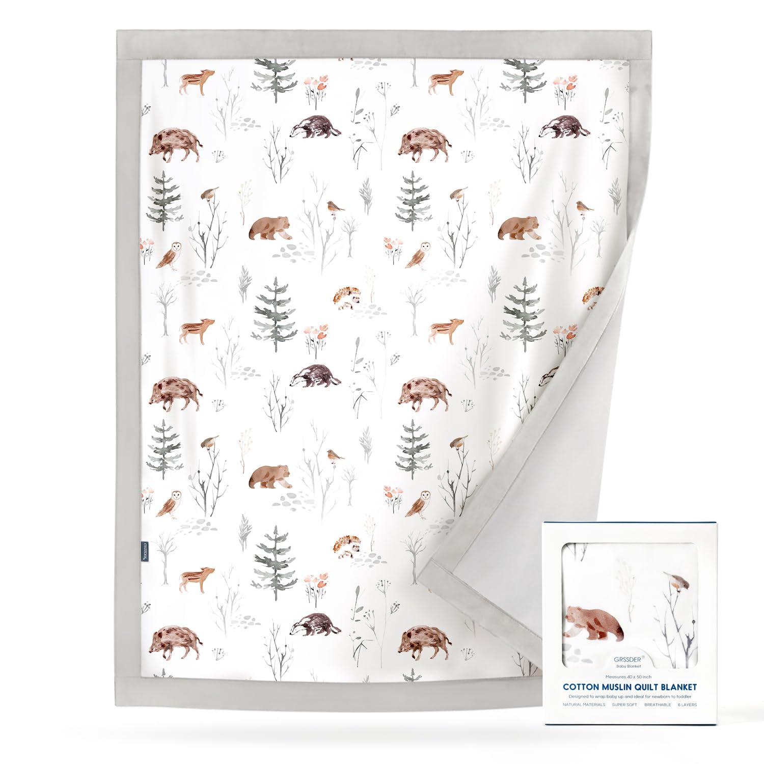 GRSSDER Muslin Cotton Quilt Blanket - Silky Soft and Breathable Baby Blanket Quilt, Oversized Muslin Blankets for Newborns, Toddlers &amp; Kids, 6 Layers Reversible Design for All Seasons, 40" x 50"