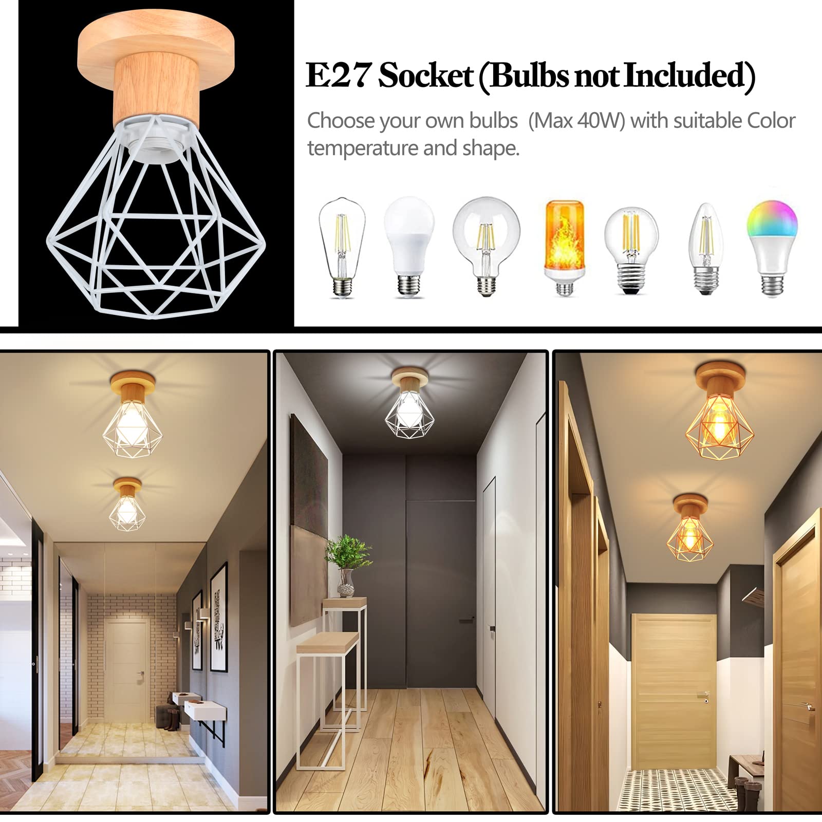 Plafonnier Vintage, Suspension Luminaire Industrielle E27 Lustre Abat-jour en Métal et Bois Ø160mm Rétro Pour Salon Cuisine Chambre (2pcs)