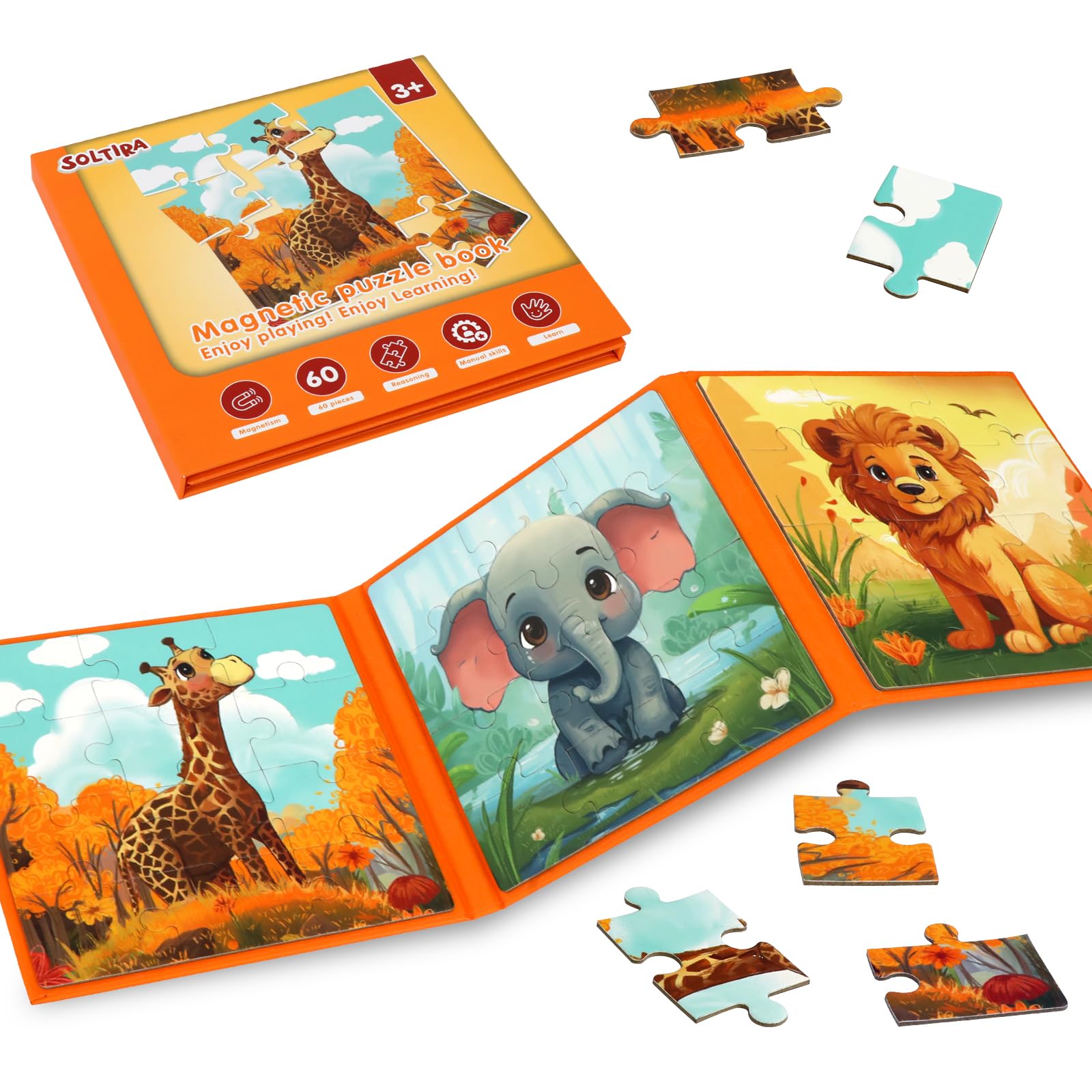 Animal Puzzles for Kids 3 4 5(Lion/Giraffe/Elephant, 9-12-20PCS), Magnetic Jigsaw Puzzles Presents for 3-5 Year Olds Kid, 3 4 5 Years Old Boys Toy Gifts, Plane Travel Activities for Children — image 1