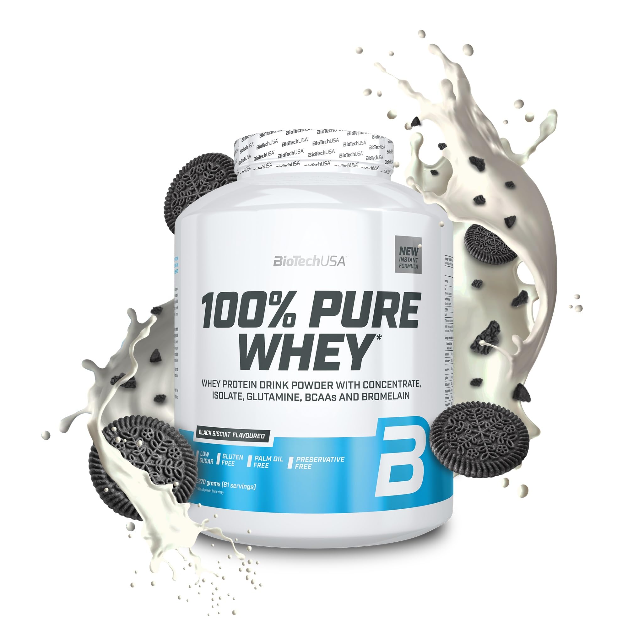 BioTechUSA 100% Pure Whey | Protein Powder with BCAA and Glutamine | Gluten-Free, Palm Oil Free | 21g Protein per Serving, 2.27 kg, Black Biscuit