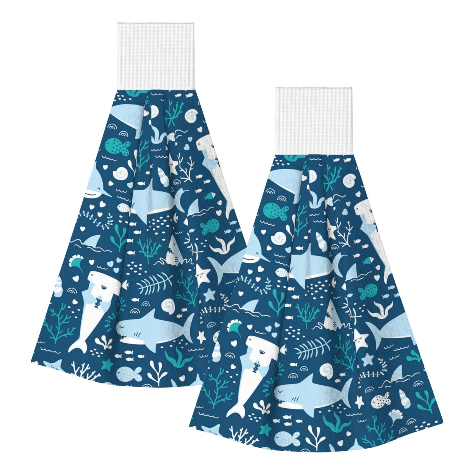 DOPKLNA Smiling Shark Sea Animals Fishes Starfish Blue, 2 Pcs Hanging Coral Fiber Hand Towels for Bathroom, Absorbent Kitchen Towels