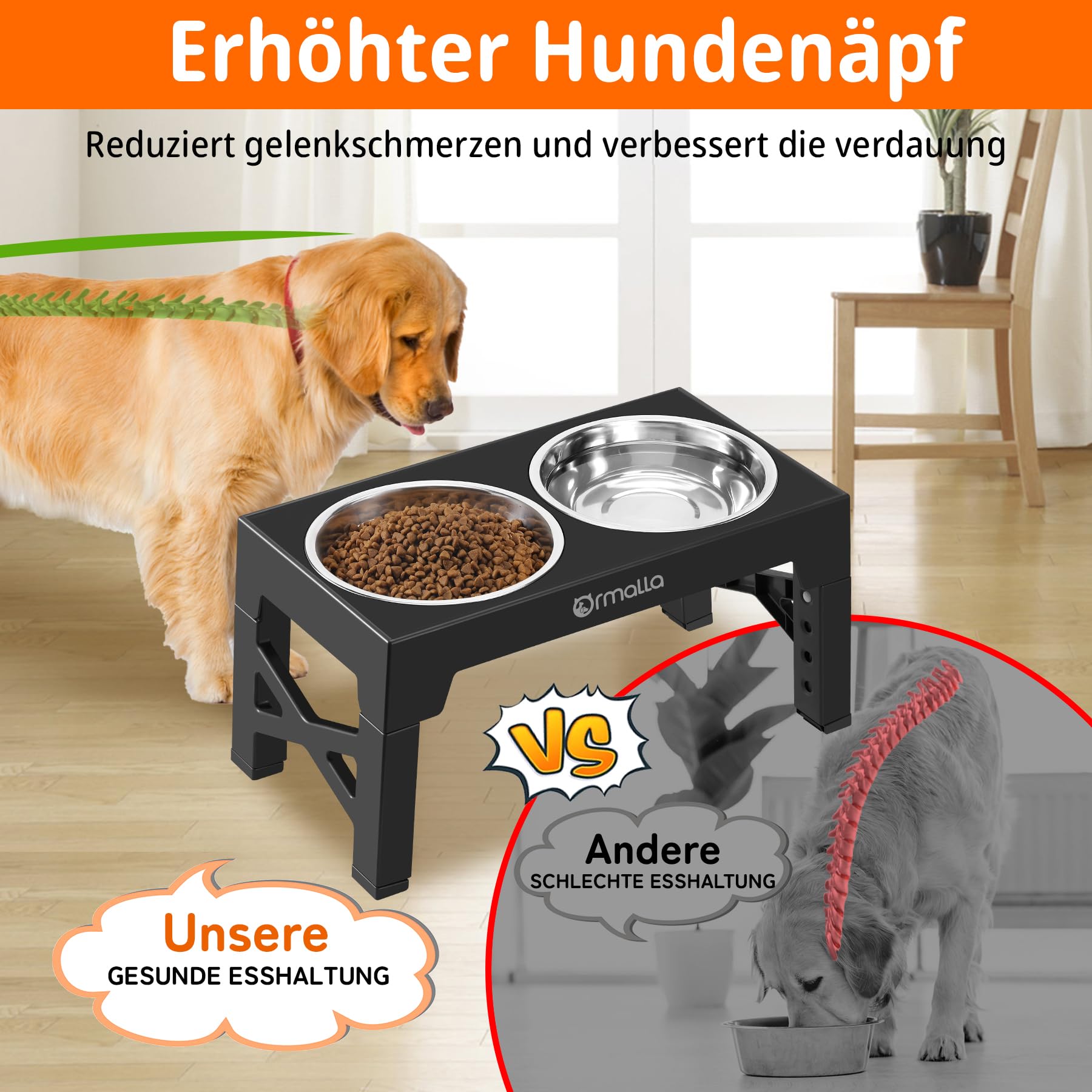 Hundenapf Erhöht, 5 Höhenverstellbare Erhöhter Hundenäpf Mit 2 Edelstahl-Schüsseln Für Große, Mittelgroße Und Kleine Hunde Und Haustiere – Schwarz