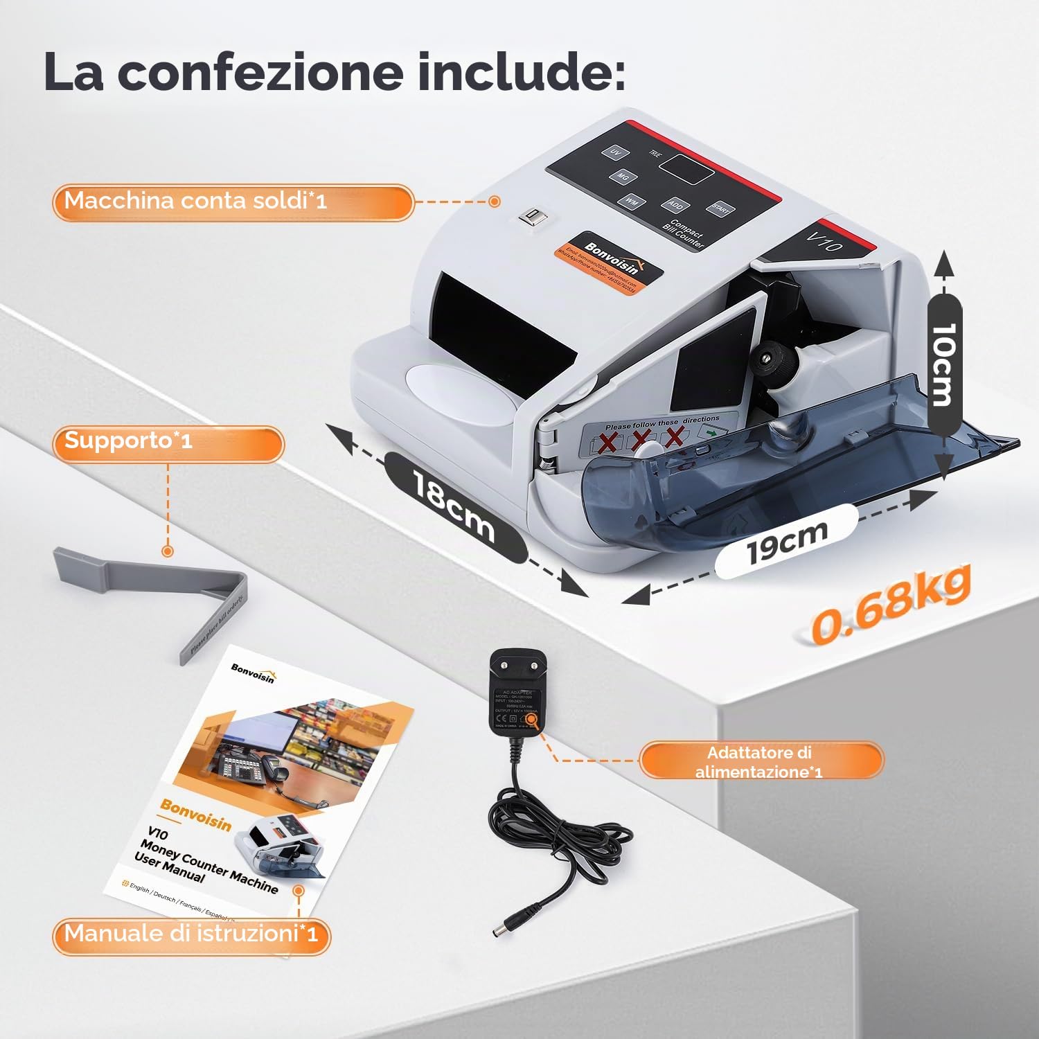 Bonvoisin Conta Banconote Portatile, Macchina Conta Soldi con Rivelazione di Falsi MG/UV/WM, 600 Pezzi/Min Contabanconote (Supporta Solo il Conteggio, Verifica Manuale Delle Banconote)