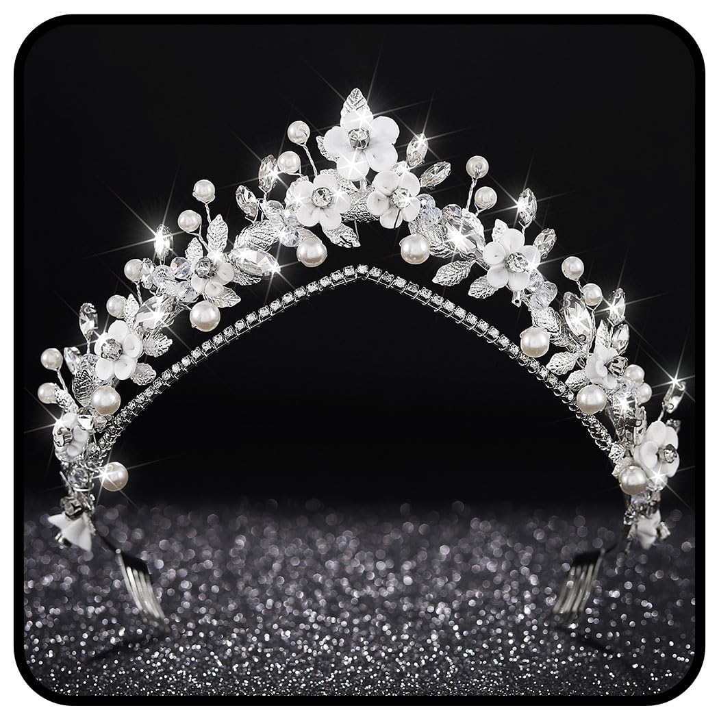 Zoestar Coronas de boda Tiaras de plata flores coronas diadema diamantes de imitación princesas tiaras tocado perlas hoja nupcial tocado para mujeres y niñas, Aleación