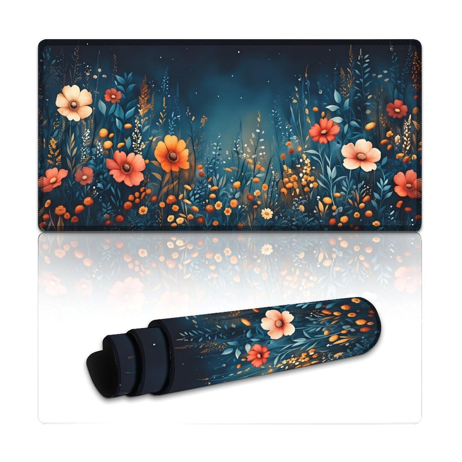 Floral Night Sky Large Mouse Pad 12"×24" inch Extended Gaming Mousepad Desk Mat Long Computer Keyboard Non-Slip Base Stitched Edges for Home Office Work