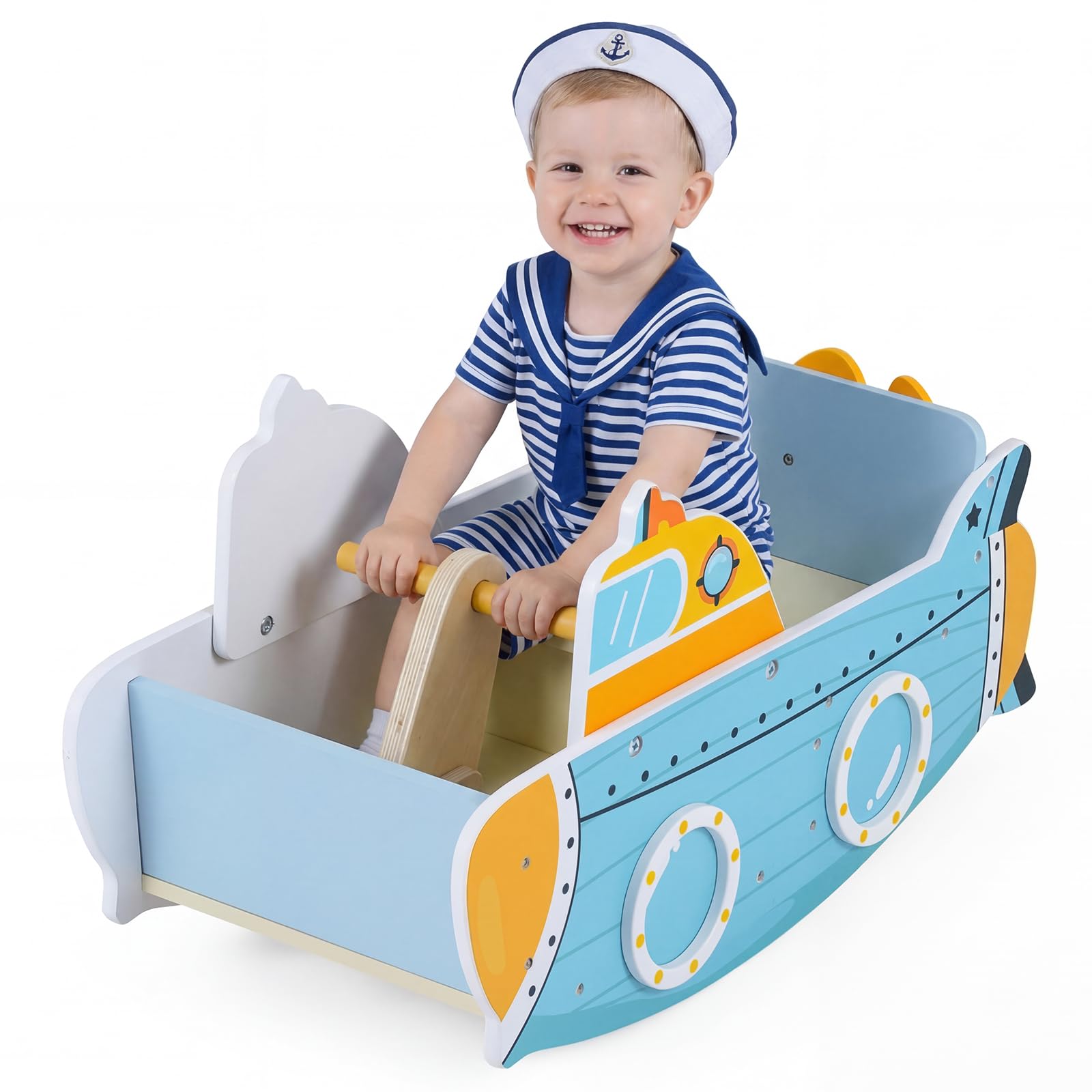 COSTWAY Kids Rocking Boat, Submarine-Themed Wooden Rocking Ship Toy with Rotating Propeller & Easy-to-Grip Handle, Indoor Toddler Montessori Rocker Climbing Riding Boat for 1+ Years Old
