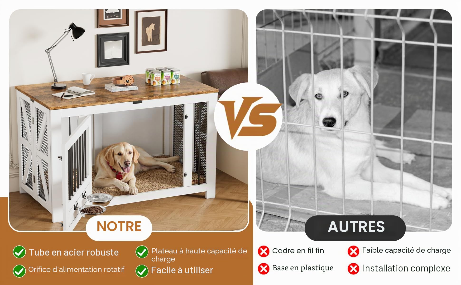 Meuble Cage pour Chien Intérieur Pliable, Niche en Bois avec 2 Gamelles Pivotantes, Table d'Appoint Robuste pour Salon, Niche Robuste pour Chiens de Taille Moyenne et Grande,105 × 58 × 65,6 cm,Blanc